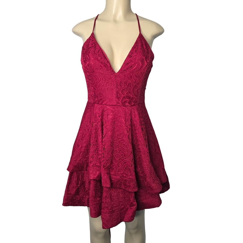 Windsor Dress Womens L Burgundy Lace Fit & Flare Corset Back Tiered Skater HOCO